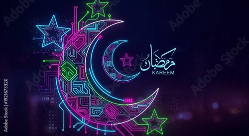 Colorful Neon Crescent Moon and Stars with Ramadan Kareem Message in Night Sky