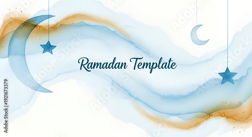 Elegant Blue Watercolor Ramadan Template with Crescent Moons and Stars for Religious Celebration Design