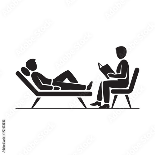 A silhouette illustration depicts a therapy session with a patient and doctor