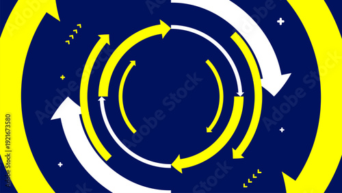 Blue background with a white and yellow circle with arrows in it
