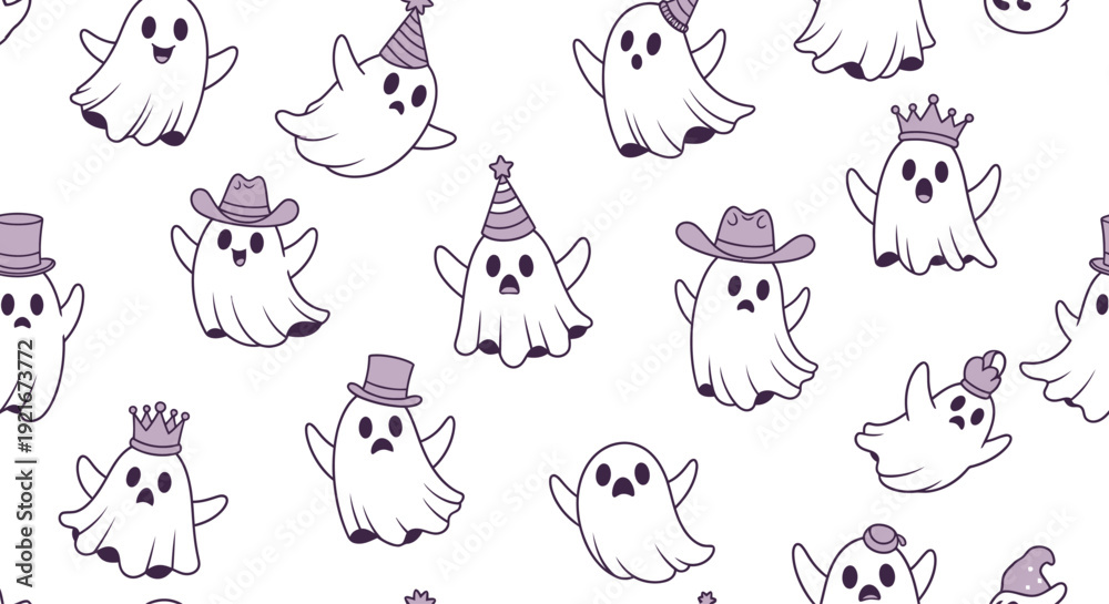 Fototapeta premium Seamless pattern with cute ghosts on a white background.