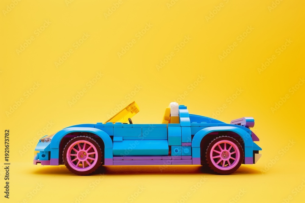 Fototapeta premium toy car in blue and purple on yellow background, minimalist product photography