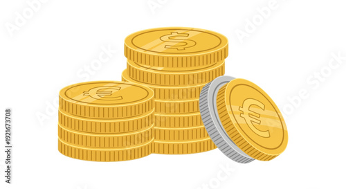 Stacks of coins with dollar and euro currency symbols are isolated on white.