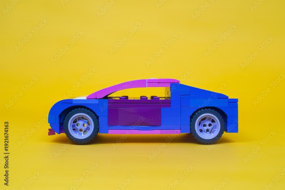 Fototapeta premium toy car in blue and purple on yellow background, minimalist product photography
