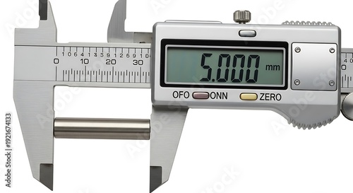 Digital caliper precisely measures a metal rod to 5 millimeters.