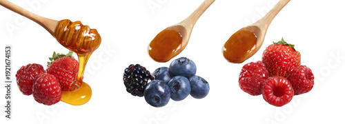 Wallpaper Mural Delicious honey and berries on wooden spoons transparent background food art Torontodigital.ca