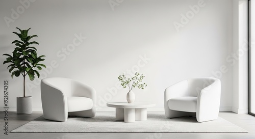 Minimalist interior design featuring two armchairs and a small table