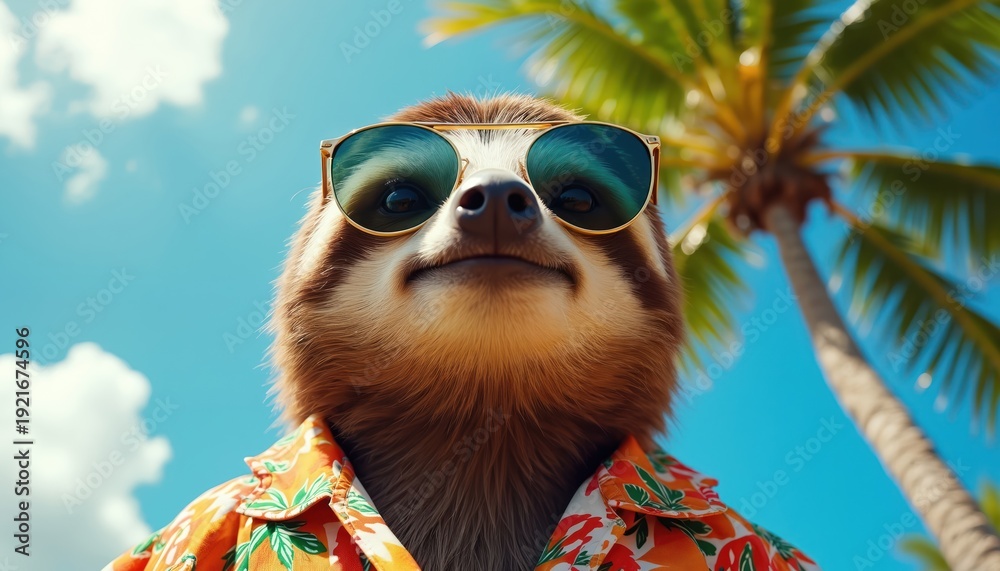 Naklejka premium Sloth wears sunglasses and Hawaiian shirt, stands by palm tree. Animal looks happy under blue sky, enjoying summer vacation time. Cute mammal rests during holiday trip.