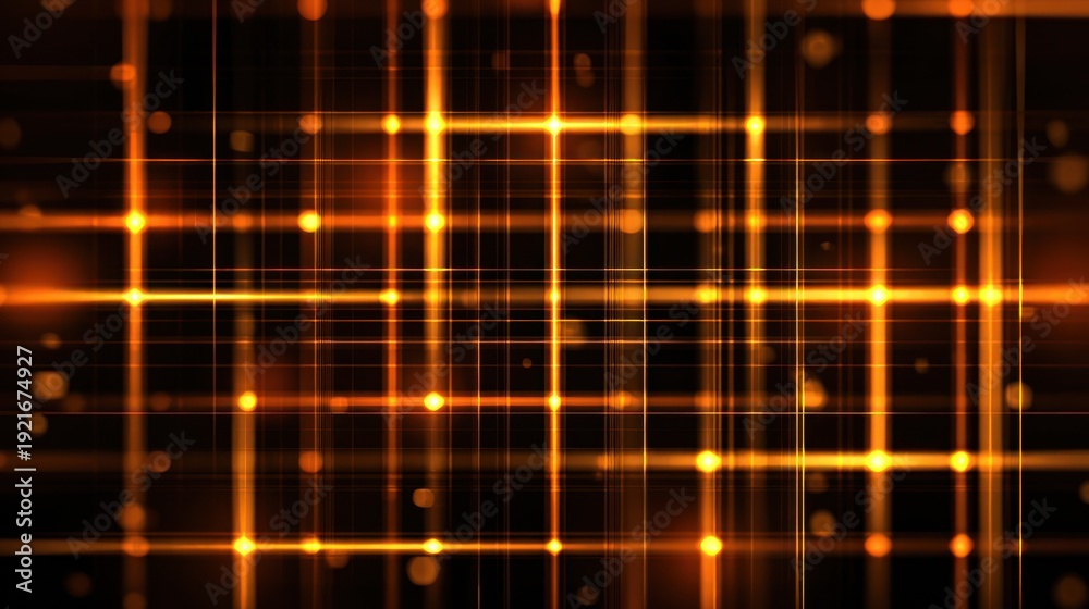 Obraz premium Abstract golden grid pattern with glowing lines and blurred bokeh elements