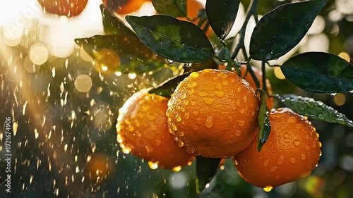 Sunkissed oranges with raindrops on tree branch golden light