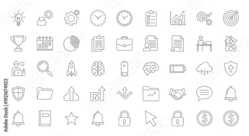 Collection of business and finance line icons.