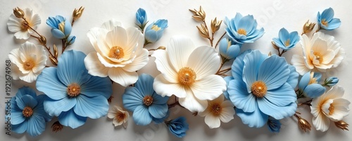 Blue and white flowers with gold details. Elegant floral display. Perfect for wall art, invitations, or graphic design backgrounds. Beautiful nature inspired decoration.