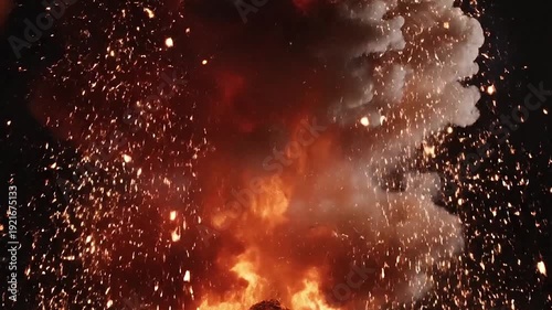 Dynamic fiery explosion with sparks and dense smoke on black