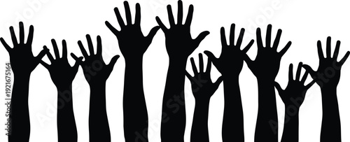 Raised hands silhouette crowd illustration representing participation unity celebration support protest teamwork and community concept black vector design