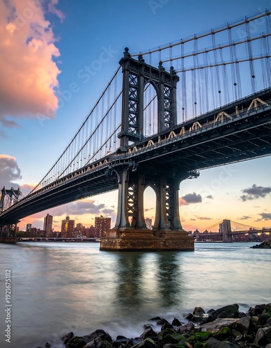 A picturesque view of a suspension bridge with the city skyline in the background, reflected in the water during sunset