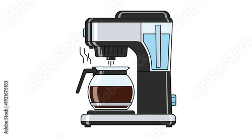 A flat design illustration depicts a black coffee maker with a glass carafe emitting steam a silhouette high quality professional detailed