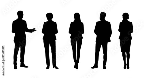 Silhouettes of five people standing in different poses against a white background