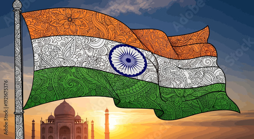 Indian flag waving proudly with Taj Mahal at sunset