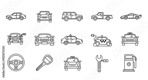 Collection of car icons and automotive symbols line art.