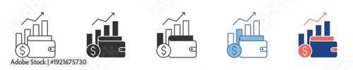 Illustrative icon set showcasing financial growth, investment progress, and increasing savings with a wallet, rising bar charts, and an upward trend line for business and finance concepts