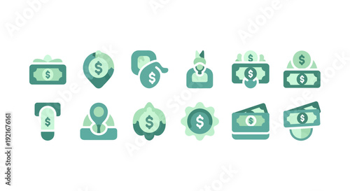 Money and Digital Banking Vector Icon Set, Financial Services Symbols with Dollar Signs, Currency Management, Online Payment, and Cash Flow Growth Illustrations