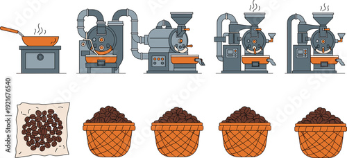 Coffee roasting process illustration set showing roasting machines beans stages and baskets for cafe production factory workflow vector design
