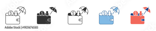 Secure your finances A multi-icon representation of a wallet with money protected by an umbrella, symbolizing insurance, savings, and asset safeguarding