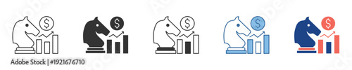 Icon set illustrating business strategy, market analysis, and financial success with a chess knight and ascending growth graphs