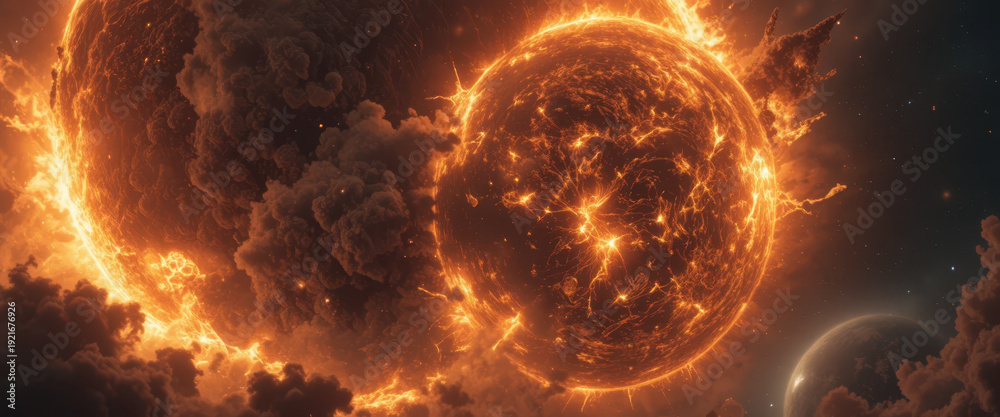 Fototapeta premium Celestial collision of twin suns cosmic space digital art dramatic atmosphere wide-angle view sci-fi concept
