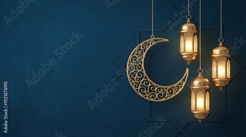 Elegant Ramadan Kareem Background with Golden Crescent Moon and Islamic Lanterns