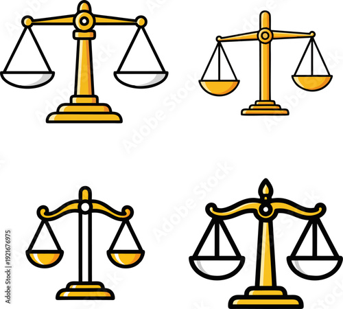 Four different illustrations of scales of justice in various states of balance and imbalance