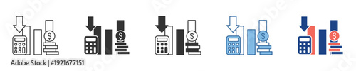 Collection of financial calculation and expense management icons, illustrating concepts of debt, cost reduction, and budget planning with various visual styles