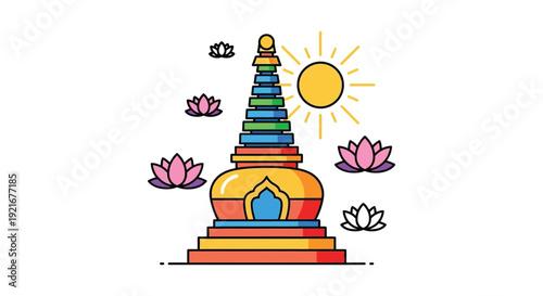 A colorful illustration depicts a tiered buddhist stupa with lotus flowers and a radiant sun silhouette high quality professional detailed modern