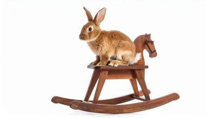 Cute rabbit rests on rustic wooden rocking chair peaceful rabbit enjoys cozy moment on wooden rocking chair