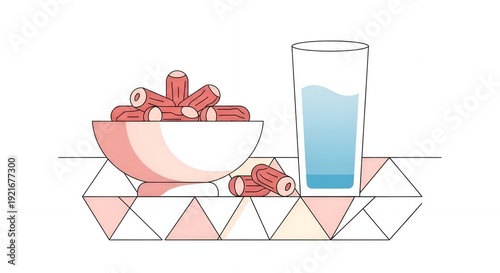 Minimalist Illustration of Bowl of Pink Cookies and Glass of Water on Geometric Tray