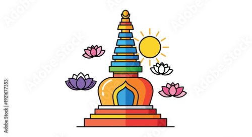A vibrant colorful pagoda illustration with lotus flowers and a rising sun presented as a silhouette high quality professional detailed modern
