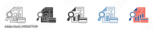 Comprehensive data analysis and business report review icon set, representing market research, performance evaluation, and statistical insights