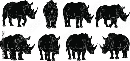 Black rhinoceros silhouette collection featuring multiple poses and stances, perfect for wildlife design, educational projects, animal illustrations, and African safari themed artwork