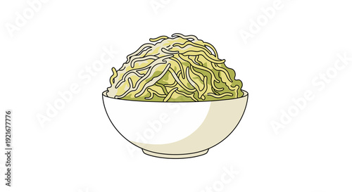 A bowl of noodles is viewed from the side on a simple white background with a clean and minimalist illustration style