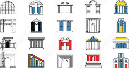 Stylized architectural illustration grid, colorful arches, classical columns, modern facades, Romanesque, Neoclassical, Modernist design elements, diverse architectural styles