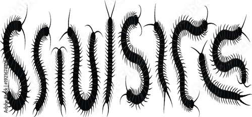 Creative centipede typography artwork forming unique letters with segmented insect bodies and legs, perfect for entomology design, Halloween graphics, and experimental artistic illustration projects