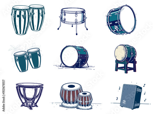 Diverse Collection of Hand Drawn Drums and Percussion Instruments Including Conga Tabla Bass Snare Timpani Cajon Taiko Vector Illustration