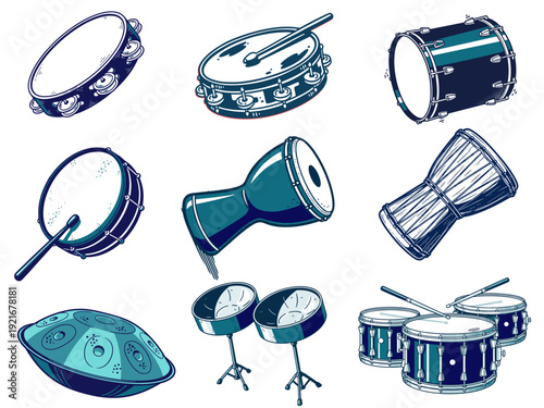 Musical Drums and Percussion Instruments Collection Vector Illustration Set Featuring Tambourine Djembe Handpan Steelpan Snare Bass Toms Drumsticks