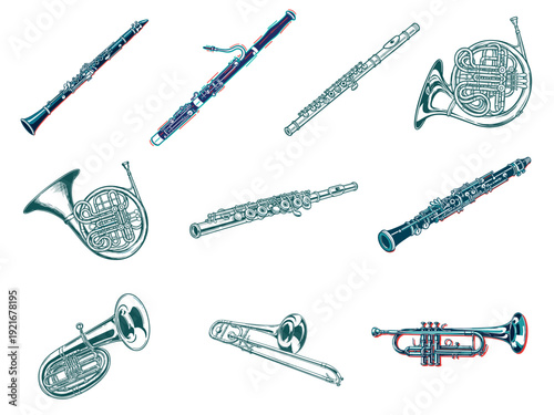Detailed vector illustrations of wind and brass musical instruments including clarinet bassoon flute french horn oboe euphonium trombone trumpet