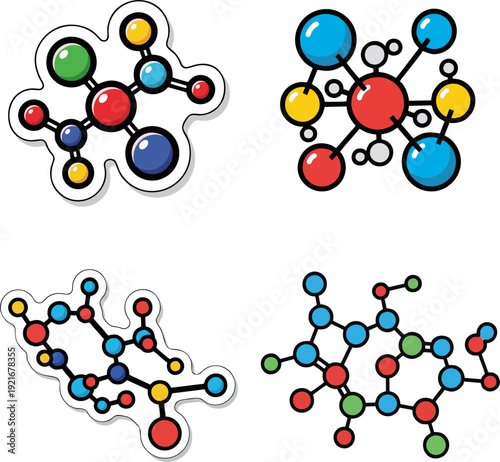 Molecular structures illustrated with colorful atoms and bonds in a clean and simple style