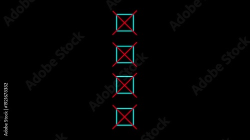 four Bullet point multiple choice checklist presentation boxes with thin animated hand drawn crosses on a plain simple black background 4K suggesting rejection, evaluation, or form completion