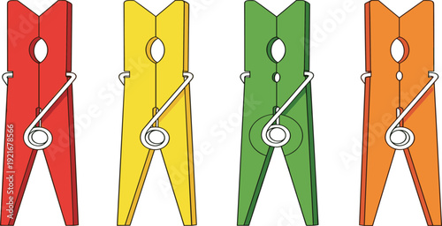 Colorful Clothespins Vector Illustration Set with Red Yellow Green and Orange Plastic Clothes Pegs Isolated on White Background