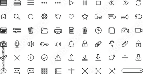 User interface icons set, media controls, navigation, communication, file management, security, notifications, settings, utilities, minimal outlined design resources