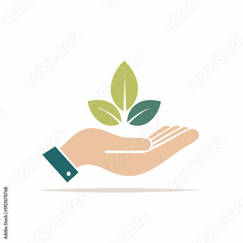 Open palm with three green leaves representing growth and nature