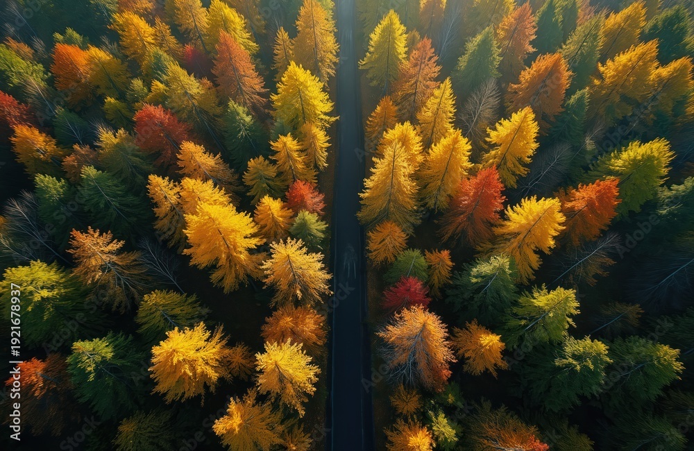 Fototapeta premium Aerial view of autumn forest with a road cutting through. Colorful trees show red, orange, yellow, and green foliage. Season change in nature landscape seen from above.